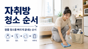 자취방 청소 순서를 주제로 원룸에서 바닥을 닦고 있는 모습과 정리·청소·닦기·마무리 순서를 보여주는 이미지