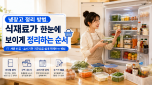 냉장고 정리 방법에 따라 식재료를 구역별로 나누고 보관 용기에 정리하는 모습