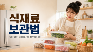 식재료 보관법에 따라 채소와 육류를 보관 용기에 나눠 정리하는 모습