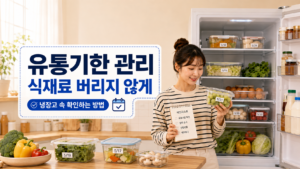 유통기한 관리를 위해 냉장고 속 식재료의 날짜를 확인하고 먼저 먹을 식품을 정리하는 모습